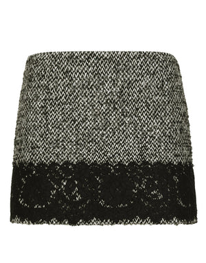 SHORT MICRO-TWEED SKIRT WITH LACE INSERT