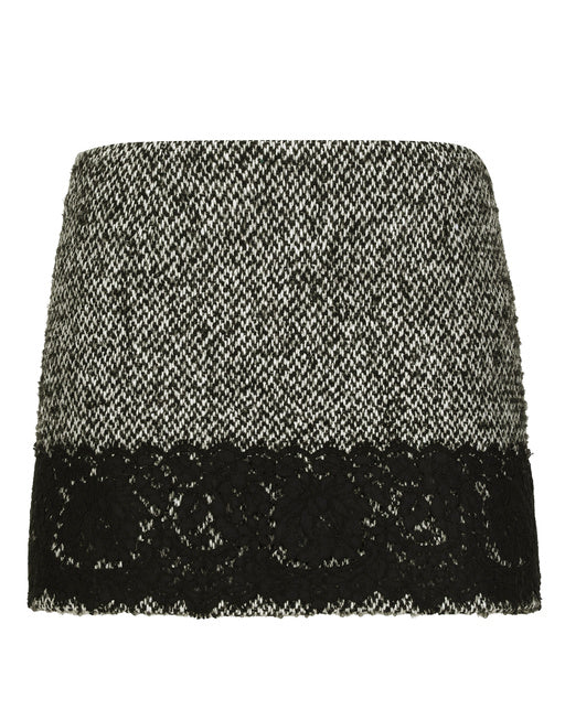 SHORT MICRO-TWEED SKIRT WITH LACE INSERT