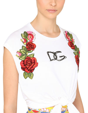 JERSEY T-SHIRT WITH TIE HEM AND RAFFIA EMBROIDERY