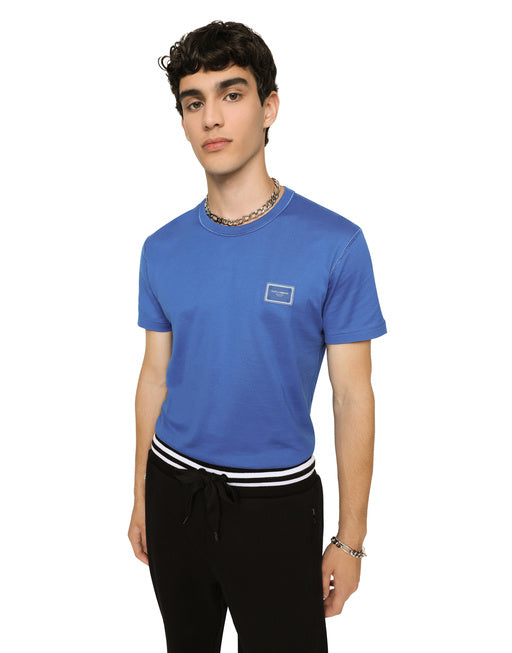 COTTON V-NECK T-SHIRT WITH BRANDED PLATE
