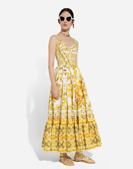 LONGUETTE BUSTIER DRESS IN MAIOLICA PRINT POPLIN