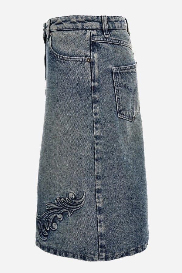Skirt Denim In Denim Washed Medium Blue With Embossed Barocco