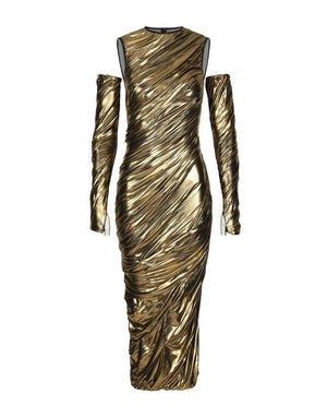 FOILED ORGANZINE CALF-LENGTH DRESS WITH GLOVES