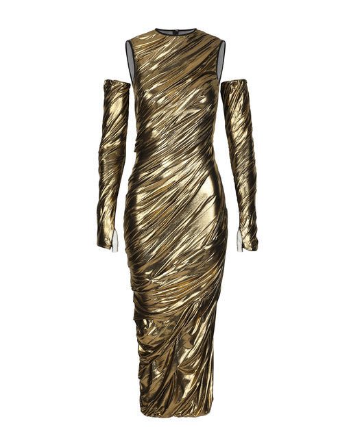 FOILED ORGANZINE CALF-LENGTH DRESS WITH GLOVES