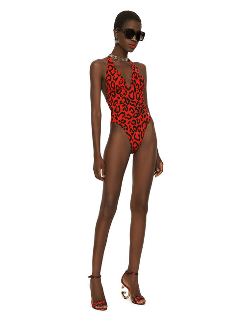 LEOPARD-PRINT ONE-PIECE SWIMSUIT WITH PLUNGING NECKLINE
