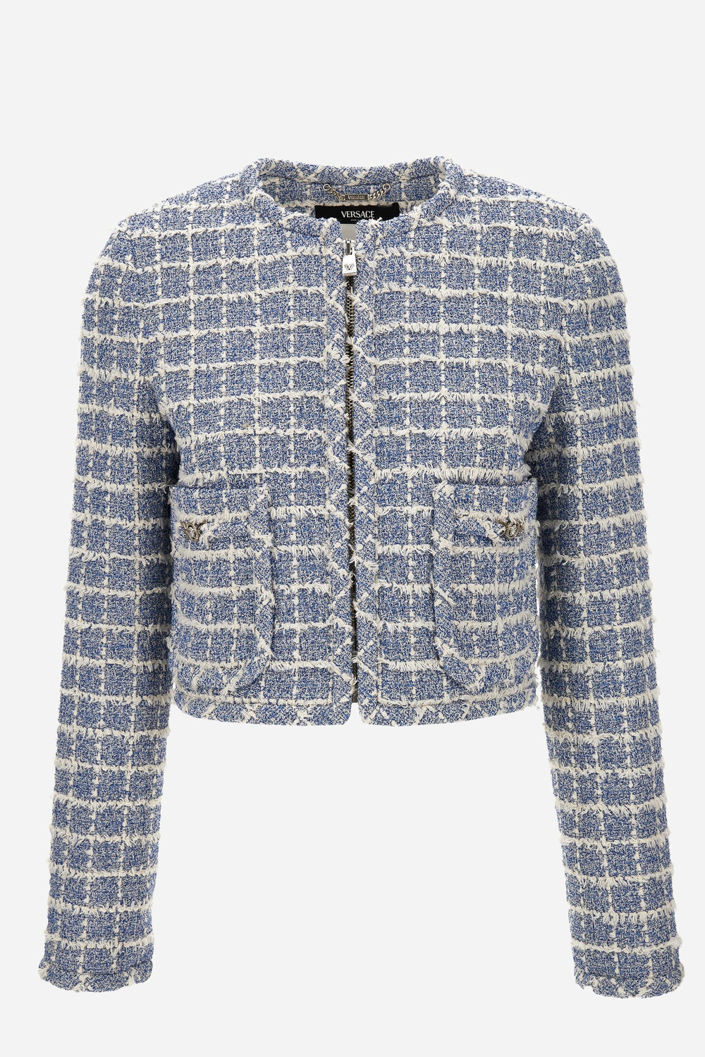 Informal Jacket In Cotton Mix Windowpane Tweed Boucle