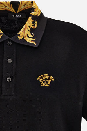 Polo In Cotton Piquet-Printleafy Collar-Medusa Embroidery