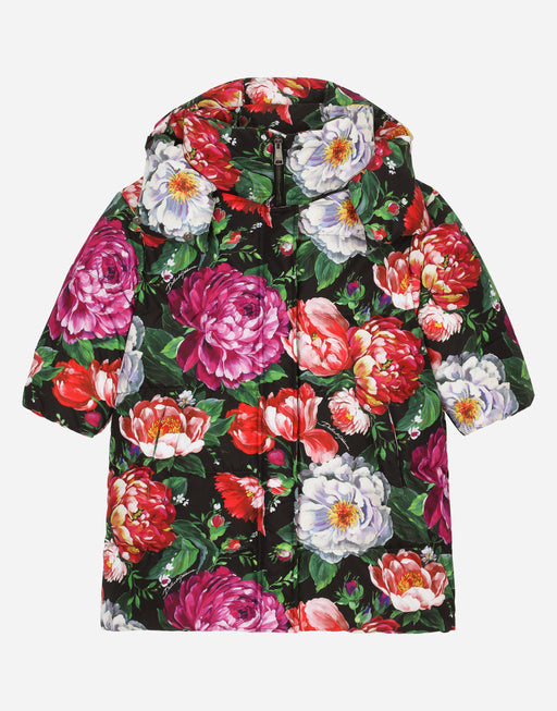 LONG NYLON DOWN JACKET WITH FLORAL PRINT
