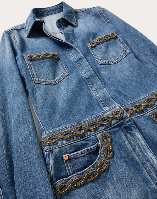 Tuta In Denim Blu Medio Ricamata