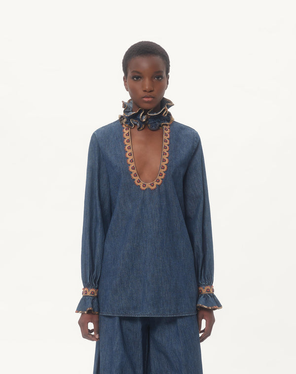 Top In Chambray Denim Ricamato 