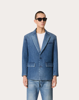 Giacca Monopetto In Denim Accoppiata Con Scuba