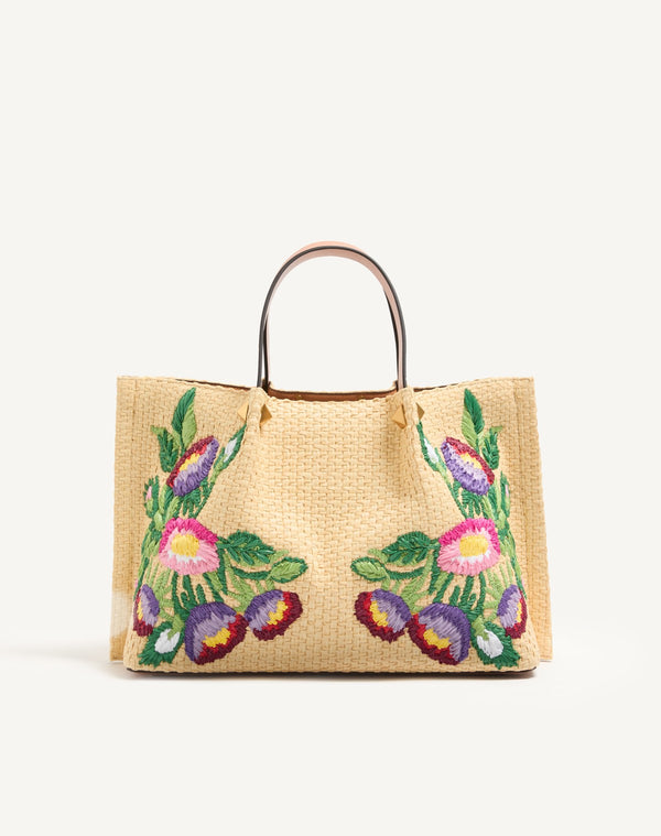 Borsa Shopping Media In Rafia Con Ricamo Floreale