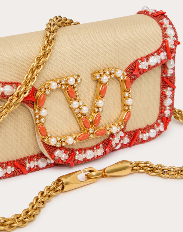 Borsa Piccola A Spalla Valentino Garavani Locò In Rafia Con Profilo Ricamato