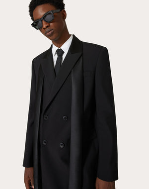 Cappotto Doppiopetto In Lana Con Collo A Sciarpa In Nylon