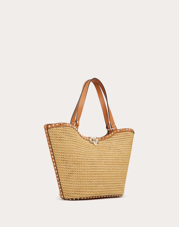 Borsa Shopping Rockstud In Rafia Intrecciata