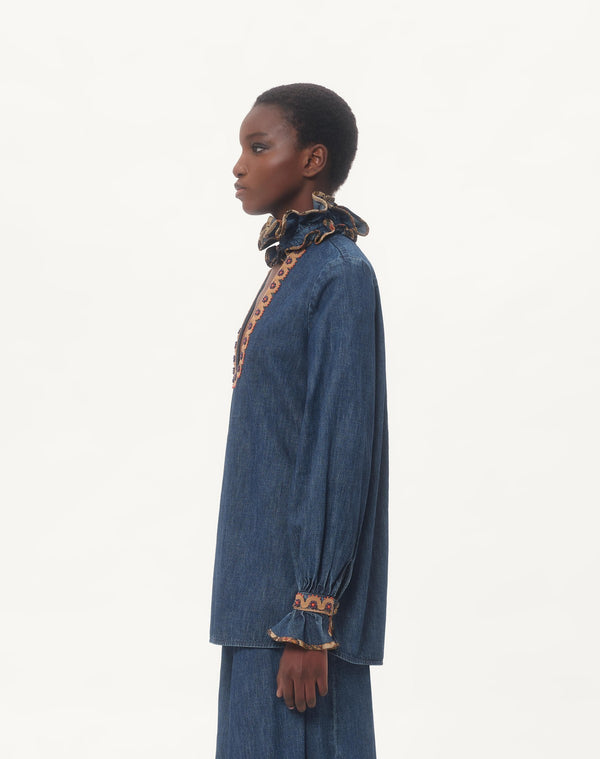 Top In Chambray Denim Ricamato 