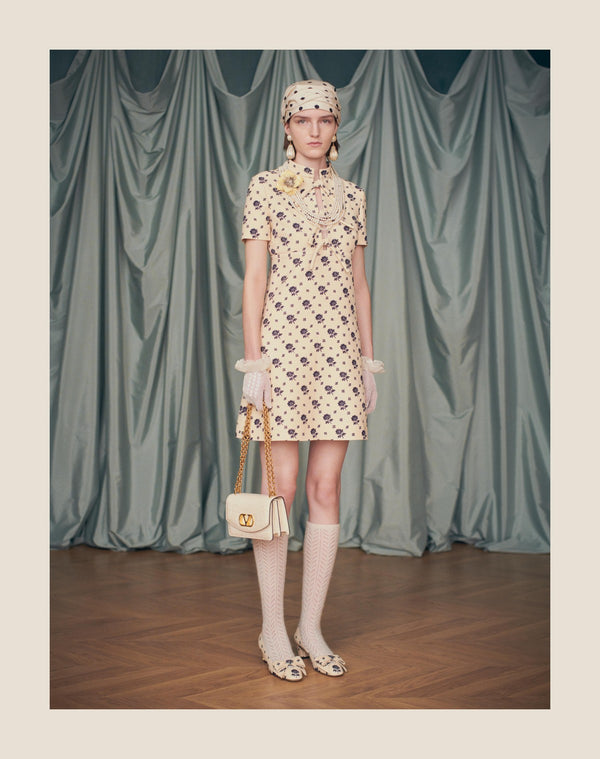 Abito Corto In Crepe Couture Fiorellino Blu Papier Floral 