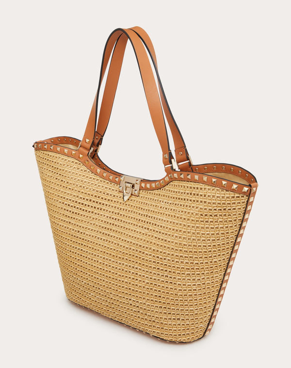 Borsa Shopping Rockstud In Rafia Intrecciata