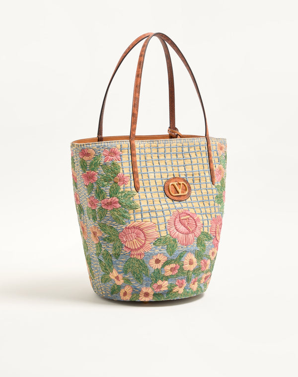 Borsa Shopping Media Valentino Garavani Panier De Fleurs Ricamata In Rafia 
