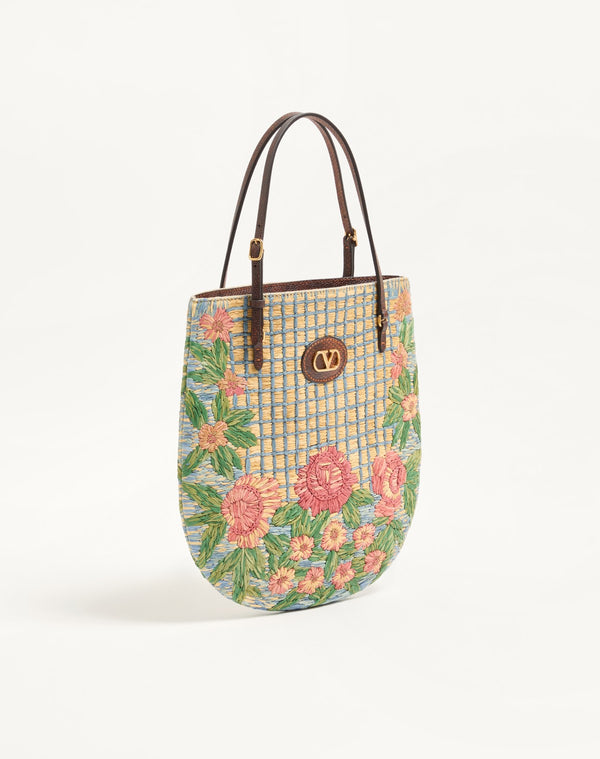 Borsa Shopping Piccola Valentino Garavani Panier De Fleurs Ricamata In Rafia 
