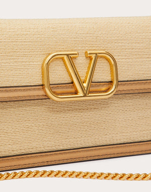 Portafoglio Con Catena Vlogo Signature In Rafia E Vitello Metallizzato