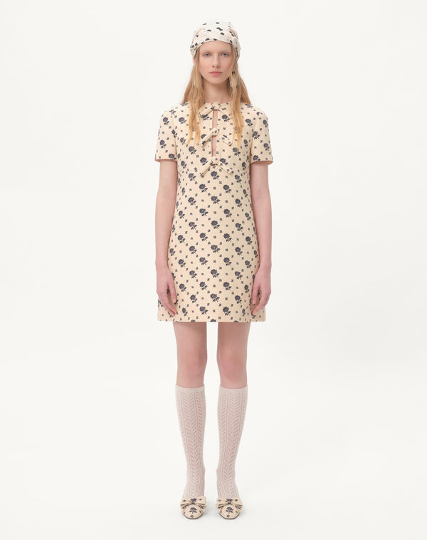 Abito Corto In Crepe Couture Fiorellino Blu Papier Floral 