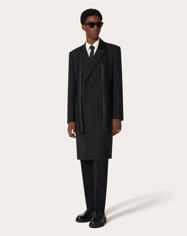 Cappotto Doppiopetto In Lana Con Collo A Sciarpa In Nylon