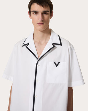 Camicia Da Bowling In Popeline Di Cotone Con V Detail Gommata