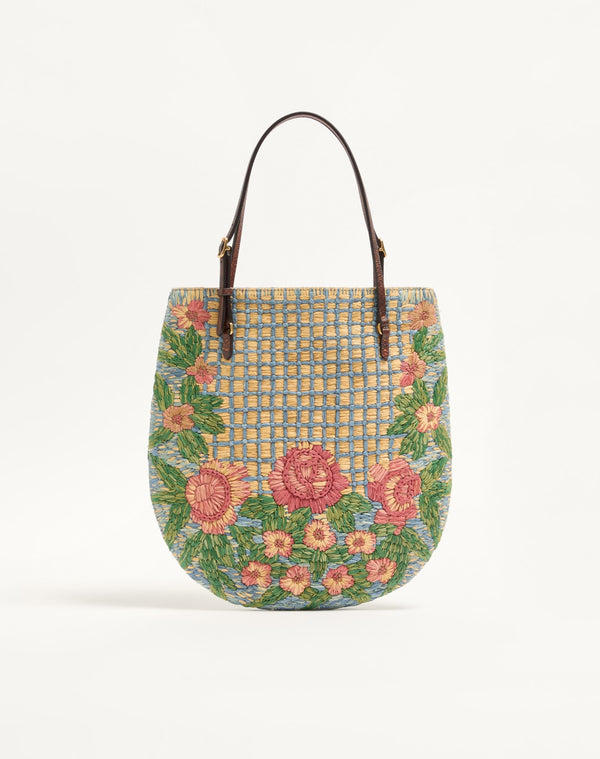 Borsa Shopping Piccola Valentino Garavani Panier De Fleurs Ricamata In Rafia 