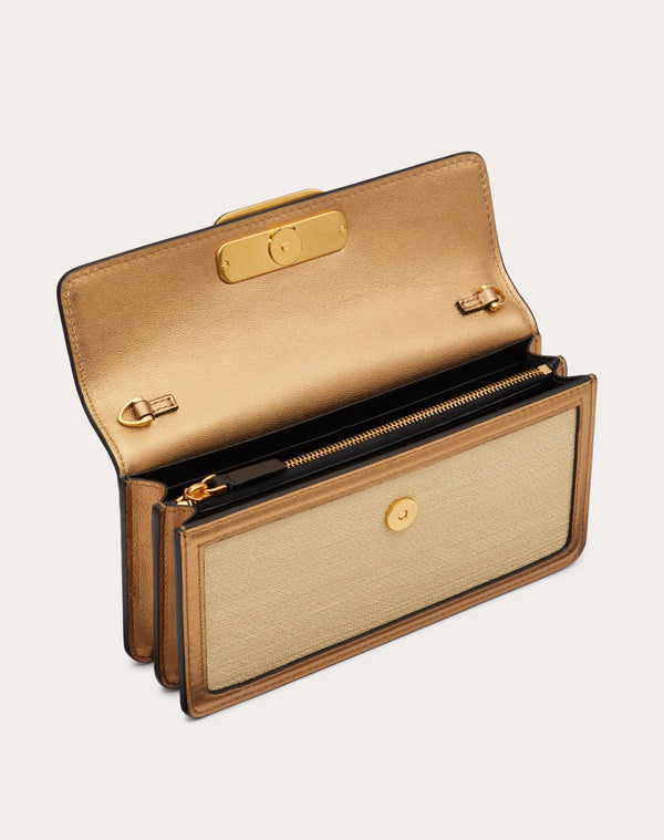 Portafoglio Con Catena Vlogo Signature In Rafia E Vitello Metallizzato