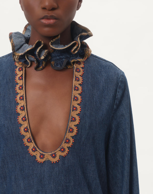 Top In Chambray Denim Ricamato 