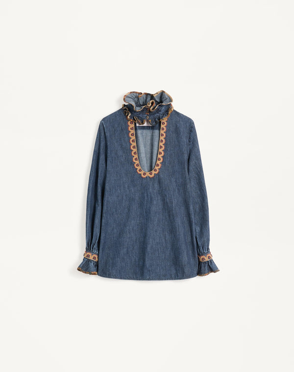 Top In Chambray Denim Ricamato 