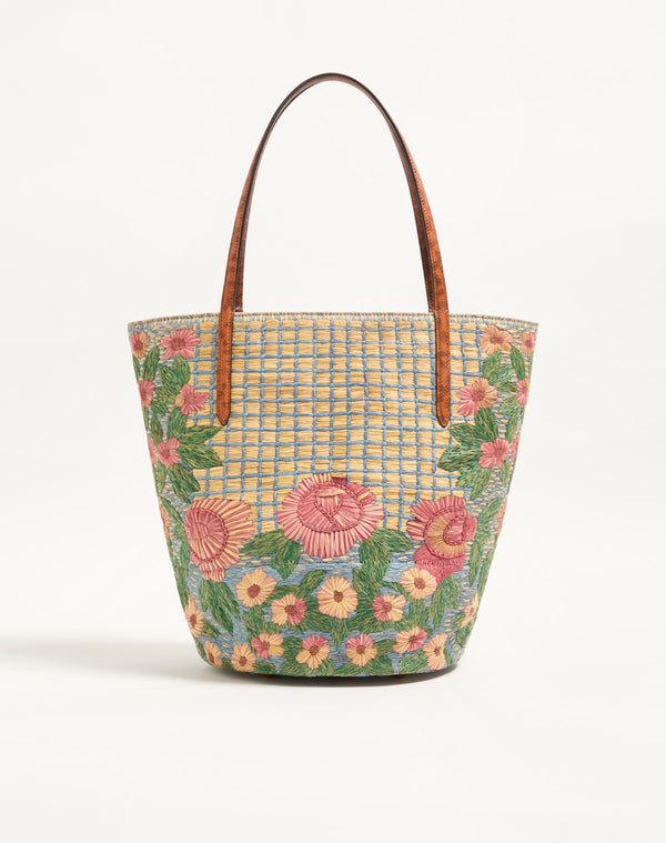 Borsa Shopping Media Valentino Garavani Panier De Fleurs Ricamata In Rafia 