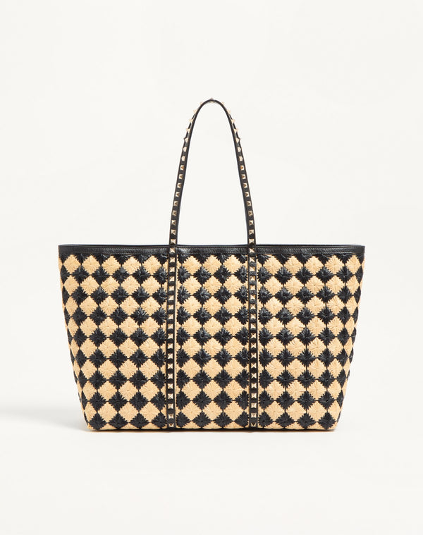 Borsa Shopping Valentino Garavani Rockstud Ricamata In Rafia