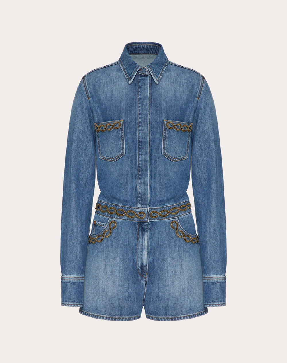 Tuta In Denim Blu Medio Ricamata