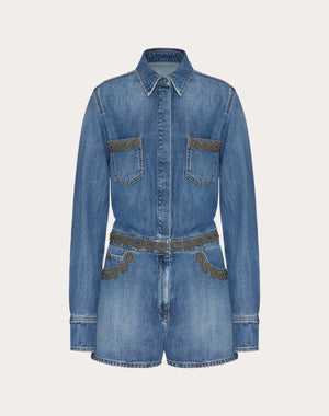 Tuta In Denim Blu Medio Ricamata