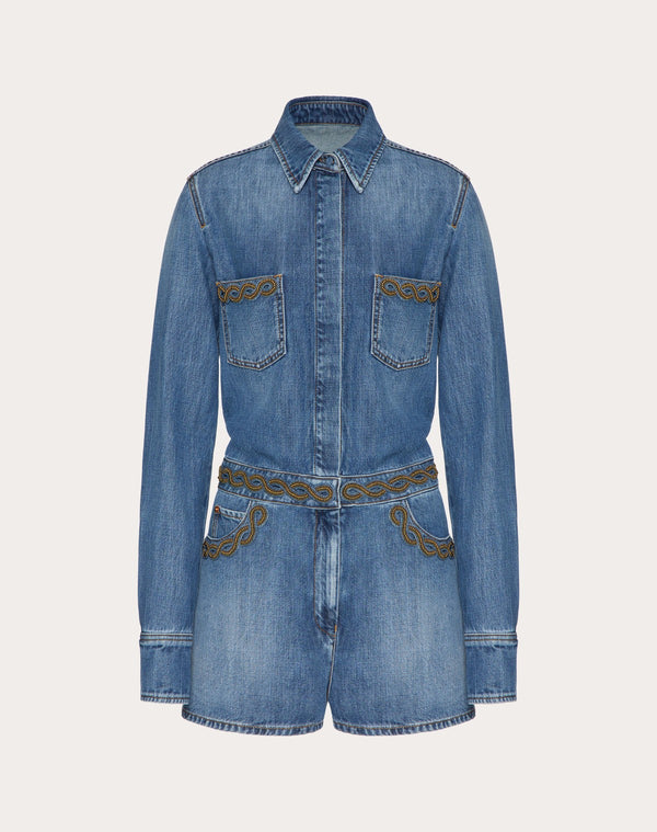 Tuta In Denim Blu Medio Ricamata