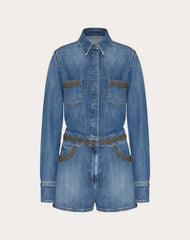 Tuta In Denim Blu Medio Ricamata