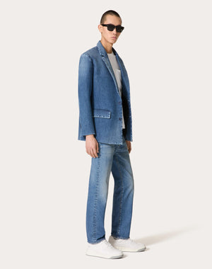 Giacca Monopetto In Denim Accoppiata Con Scuba