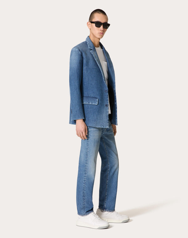 Giacca Monopetto In Denim Accoppiata Con Scuba