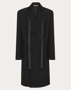 Cappotto Doppiopetto In Lana Con Collo A Sciarpa In Nylon