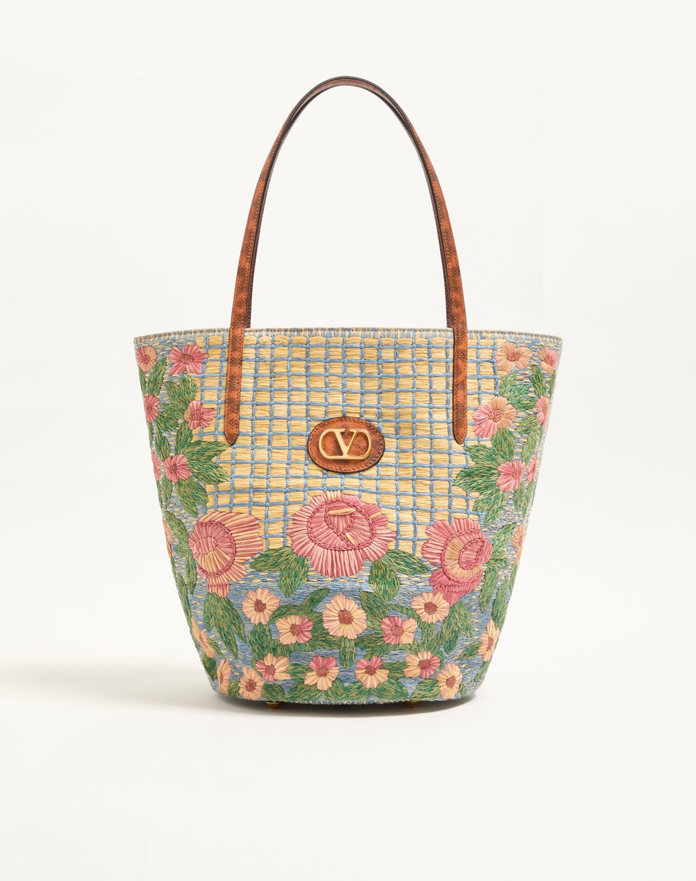 Borsa Shopping Media Valentino Garavani Panier De Fleurs Ricamata In Rafia 