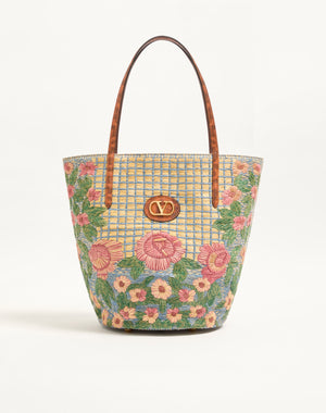 Borsa Shopping Media Valentino Garavani Panier De Fleurs Ricamata In Rafia 