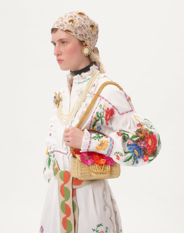 Borsa Piccola A Spalla Valentino Garavani Locò In Rafia Con Fiori E Perline