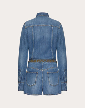 Tuta In Denim Blu Medio Ricamata