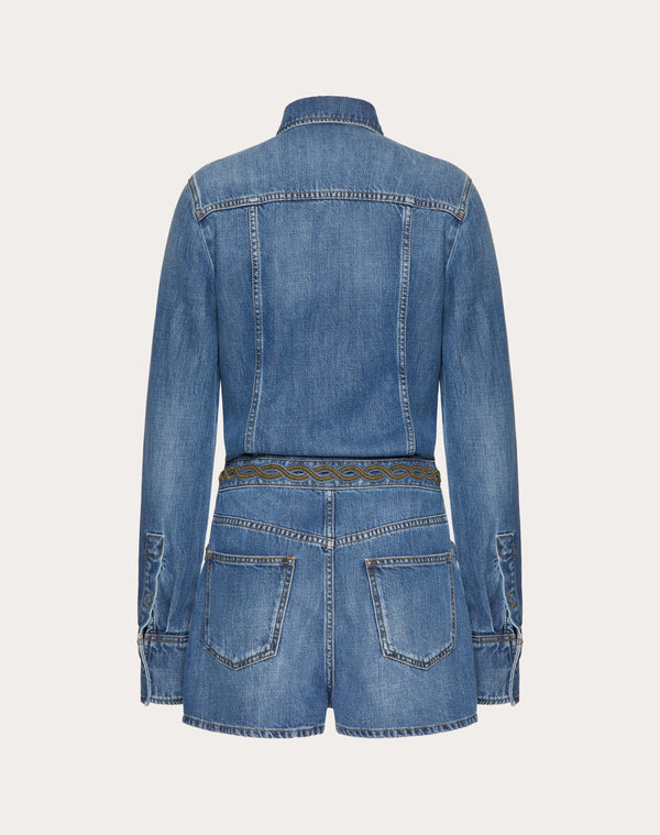 Tuta In Denim Blu Medio Ricamata