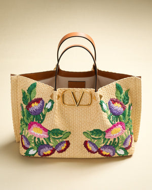Borsa Shopping Media In Rafia Con Ricamo Floreale