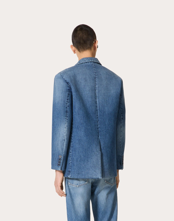 Giacca Monopetto In Denim Accoppiata Con Scuba