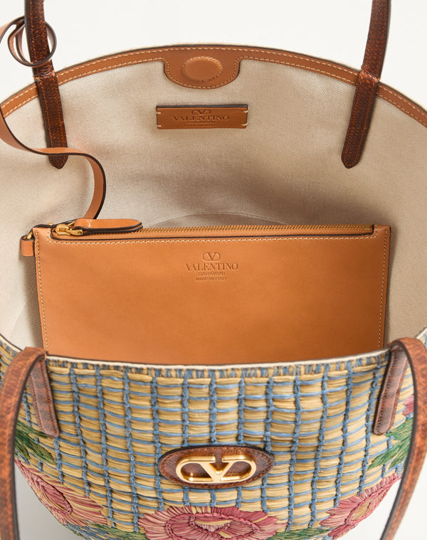 Borsa Shopping Media Valentino Garavani Panier De Fleurs Ricamata In Rafia 