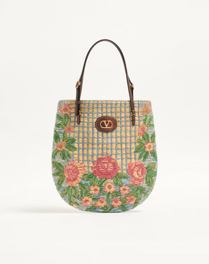Borsa Shopping Piccola Valentino Garavani Panier De Fleurs Ricamata In Rafia 